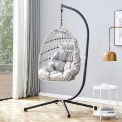 FURNIinspire Patio Swings Hanging Chair With Wicker Weave, Single Person Swing With Seat Cushion For Indoor And Outdoor, Gray, 37“*37"*79"