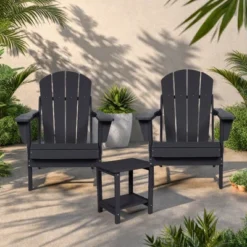 FURNIinspire Patio Seating Sets Folding Adirondack Chairs With Side Table, 3-Piece Rocking Chairs Set With Wood Texture, Black, 30“*28”*35“ -Outdoor Kitchen & Living GUEST 6d0663c5 6f9f 40c7 858b 781d91cc78e4