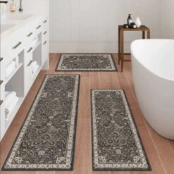 FURNIinspire Floor Mats Home 3 Piece Kitchen Rug Machine Washable Floor Mat For Living Room, Vintage Carpet, Non Slip, Grey, 60"*20" -Outdoor Kitchen & Living GUEST 6e03cecf 0c45 4af2 b128 8772193feb50