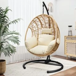 FURNIinspire Patio Swings Hanging Chair With Beige Seat Cushion, Outdoor Indoor Wicker Swing Egg Chair With Stand, Natural Color, 42“*47"*73" -Outdoor Kitchen & Living GUEST 6f9b6ecc c2a9 4930 904a ba5ad9603f84