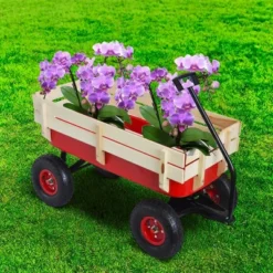 FURNIinspire Wheelbarrows And Lawn Carts Outdoor Sport Wagon Tools Cart Wooden Side Panels Air Tires Wagon, Garden Cart With Handle, Red, 39“*16"*20" -Outdoor Kitchen & Living GUEST 6fc12188 5d1d 460b 974b 9d73d8145f0a