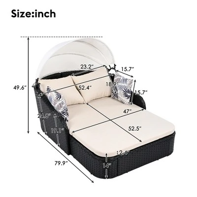 FURNIinspire Patio Chaise Lounges Outdoor Sunbed With Adjustable Canopy, Patio Chaise Lounge, Black Wicker Daybed And Beige Cushion, 79.9“*52.4"*49.6" 4 FURNIinspire Patio Chaise Lounges Outdoor Sunbed With Adjustable Canopy, Patio Chaise Lounge, Black Wicker Daybed And Beige Cushion, 79.9“*52.4"*49.6" - Image 2