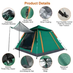 FURNIinspire Camping Tents Outdoor Tent Pop-Up Waterproof Camping Tent, Family Tents For Camping With Nets Windows, Green, 84.65"*84.65"*53.54" -Outdoor Kitchen & Living GUEST 722a3c35 6e26 45c3 887a a469f58a09be