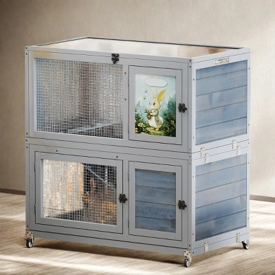 FURNIinspire Pet Crates And Houses Deluxe Two Story Rabbit Hutch With Slip Proof Ramps And Removable Trays, Grey, 35.4"*19.7"*36.6" 5 FURNIinspire Pet Crates And Houses Deluxe Two Story Rabbit Hutch With Slip Proof Ramps And Removable Trays, Grey, 35.4"*19.7"*36.6" - Image 3
