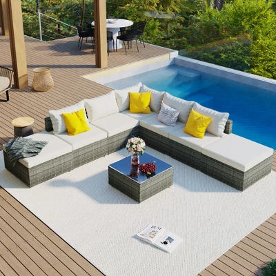 FURNIinspire Patio Seating Sets 8-Pieces Outdoor Wicker Patio Furniture Sets, Conversation Sofa Set, Single Sofa Combinable, Beige, 118“*118”*26“ 7 FURNIinspire Patio Seating Sets 8-Pieces Outdoor Wicker Patio Furniture Sets, Conversation Sofa Set, Single Sofa Combinable, Beige, 118“*118”*26“ - Image 5