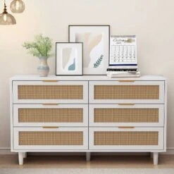 FURNIinspire Dressers Rattan Storage Cabinet Clothes Storage Cabinet With 6 Drawer For Bedroom Nursery, Large Capacity, White, 51.18"*15.75"*29.72" 10 FURNIinspire Dressers Rattan Storage Cabinet Clothes Storage Cabinet With 6 Drawer For Bedroom Nursery, Large Capacity, White, 51.18"*15.75"*29.72" -Outdoor Kitchen & Living GUEST 75ffbf5c 8da5 4d7a adcd d9eda2b04f5e