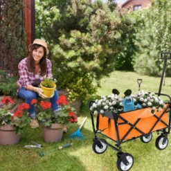 FURNIinspire Outdoor Serving Carts 225lbs Collapsible Foldable Wagon Cart Beach Wagon Utility Cart For Sports Gardeing, Orange, 25.98"*17.32"*37.4"