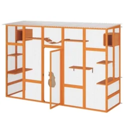 FURNIinspire Pet Crates And Houses, Cat Enclosure, 6 Jumping Platforms, 2 Cat Condos, Cat Bridge And Scratching Board, Orange, 104.3"*35.4"*72.1" -Outdoor Kitchen & Living GUEST 7854134f b109 4486 bd9c 56723dc99795
