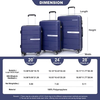 FURNIinspire Bag And Luggage Sets 3 Piece Travel Suitcase Set With Spinner Wheels, Stylish Lightweight Carry On Luggage, Blue, 18.9"*11.77"*28.94" 4 FURNIinspire Bag And Luggage Sets 3 Piece Travel Suitcase Set With Spinner Wheels, Stylish Lightweight Carry On Luggage, Blue, 18.9"*11.77"*28.94" - Image 2