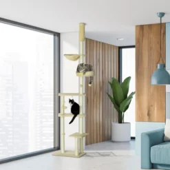 FURNIinspire Floor To Ceiling Cat Tree Adjustable Height, Cat Climbing Tower With Carpeted Platforms, Toy Balls, Beige, 21.25"*13.5"*98.5" -Outdoor Kitchen & Living GUEST 7ac18bec 74ab 420c bbae 53f329c68af9