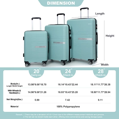 FURNIinspire Bag And Luggage Sets 3 Piece Travel Suitcase Set With Spinner Wheels, Stylish Lightweight Carry On Luggage, Green, 18.9"*11.77"*28.94" 4 FURNIinspire Bag And Luggage Sets 3 Piece Travel Suitcase Set With Spinner Wheels, Stylish Lightweight Carry On Luggage, Green, 18.9"*11.77"*28.94" - Image 2
