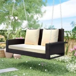 FURNIinspire Patio Swings Wicker Hanging Porch Swing With Chains With Cushion And Pillow, Patio Swing For Backyard, Brown And Beige, 50"*22"*21" -Outdoor Kitchen & Living GUEST 82191e3c 95d2 4a0c b8fb 1798d9daf7c8