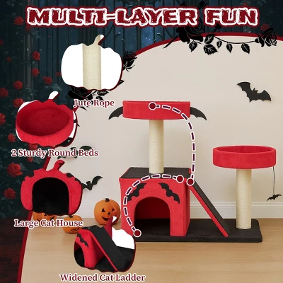 FURNIinspire Pet Tower Gothic Cat Tree Tower Halloween Pet Furniture Cute Cat Toys House With Condo, Scratching Posts, Red, 25.6"*17.7"*27.5" 6 FURNIinspire Pet Tower Gothic Cat Tree Tower Halloween Pet Furniture Cute Cat Toys House With Condo, Scratching Posts, Red, 25.6"*17.7"*27.5" - Image 4