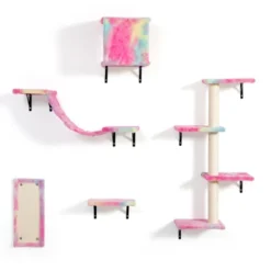 FURNIinspire Pet Tower Wall Mounted Cat Tree, 5 Pcs Cat Tower For Kittens, Modern Cat Furniture, Pink, 19.75"*7.85"*38.25" -Outdoor Kitchen & Living GUEST 82d4e05f 211b 4420 8e5b 04da88ec526c
