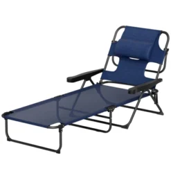 FURNIinspire Outdoor Portable Chair 4 Position Recline Foldable Design With Reading Hole For Poolside Relaxation, Black, Navy Blue, 74.4"*28.3"*32.3" -Outdoor Kitchen & Living GUEST 858161f4 9447 4e75 b3ab 419712f25af0