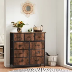 FURNIinspire Dressers 9 Drawer Fabric Tall Dresser Tower Closet Storage Chest Of Drawers For Bedroom Nursery, Brown, 11.8"*39.37"*39.37" -Outdoor Kitchen & Living GUEST 86037283 867c 4dc3 9727 4624f347253a
