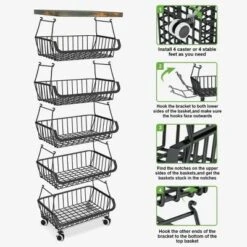 FURNIinspire Kitchen Rack Holder Metal Baskets With Wheels Stackable Storage Organizer For Dining Room Bathroom Fruit Cart, Black, 12.09"*7.02"*15.99" -Outdoor Kitchen & Living GUEST 868f2920 42c7 4a5c 812c f35eacba115f