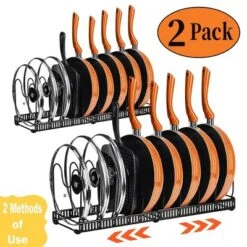 FURNIinspire 2PC Pot Rack Expandable Pan Organizer Lid Holder 10 Compartment Kitchen Cabinet Cookware Baking Rack, Black, 12.48"*8.19"*4.68" -Outdoor Kitchen & Living GUEST 8928cfa1 4e70 4f7c 9688 bf29e4c1df16