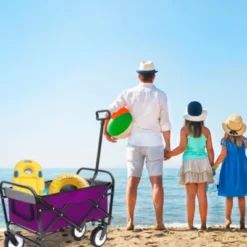 FURNIinspire Outdoor Serving Carts Rolling Cart Wagon Carts Foldable Utility Cart, Beach Cart For Picnic Outdoors， Purple, 25.98"*17.32"*37.4"