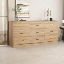 FURNIinspire Dressers Modern Natural 9 Drawer Dresser For Bedroom, Living Room, Nursery, Wooden Closet Storage Chest, Brown, 63"*15.55"*30.31" -Outdoor Kitchen & Living GUEST 90010ce3 eeda 4071 81c4 a2ce2aa7621f