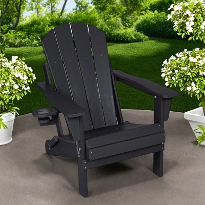 FURNIinspire Patio Accent Chairs Folding Adirondack Chair, Outdoor Adirondack Chair With Cup Holder, Wood Texture Folding Chair, Black, 32"*29"*36" 3 FURNIinspire Patio Accent Chairs Folding Adirondack Chair, Outdoor Adirondack Chair With Cup Holder, Wood Texture Folding Chair, Black, 32"*29"*36"