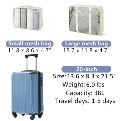 FURNIinspire Bag And Luggage Sets 20 Inch Luggage Set, Lightweight Checked Suitcase With 2 Mesh Bag Travel Business, Blue, 8.3"*13.6"*21.5" 4 FURNIinspire Bag And Luggage Sets 20 Inch Luggage Set, Lightweight Checked Suitcase With 2 Mesh Bag Travel Business, Blue, 8.3"*13.6"*21.5" - Image 2