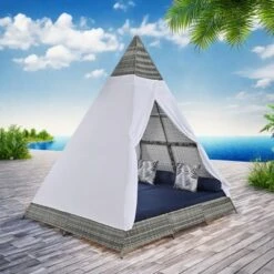 FURNIinspire Patio Chaise Lounges Patio Daybed With Cushions And Tent, Outdoor Wicker Sunbed For Backyard, Garden, Gray And Blue, 72.4“*90.5"*102.4" -Outdoor Kitchen & Living GUEST 9bff4767 82d4 4c3e b3d7 977073b8cf21