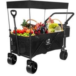 FURNIinspire Outdoor Serving Carts Collapsible Wagon 140L Wagons Carts Foldable For All-Terrain With Brake For Camping Beach, Black, 44.9"*20"*46.8" -Outdoor Kitchen & Living GUEST 9c9be75d 69e9 438f 811b 1e710a51de82