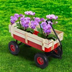 FURNIinspire Wheelbarrows And Lawn Carts Outdoor Sport Wagon Tools Cart Wooden Side Panels Air Tires Wagon, Garden Cart With Handle, Red, 39“*16"*20"