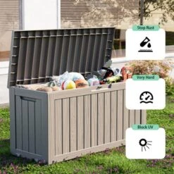 FURNIinspire Deck Boxes 75 Gallon Waterproof Resin Deck Box, Outdoor Storage Container Storage Bin, All Weather Use, Light Brown, 18“*46”*23“ -Outdoor Kitchen & Living GUEST 9e069378 8cbf 4f38 9f11 ee11038f66e5