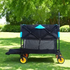 Furniinspire Wheelbarrows And Lawn Carts Big Large Capacity Folding Cart, Extra Long Extender Wagon Cart, Black And Blue, 53“*20"*51"
