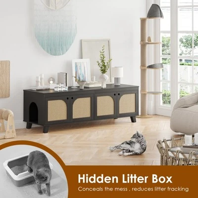 FURNIinspire Pet Crates And Houses Double Large Hidden Cat Litter Box Enclosure Furniture Cabinet With Rattan Doors, Black, 57.9"*19.7"*19.7" 5 FURNIinspire Pet Crates And Houses Double Large Hidden Cat Litter Box Enclosure Furniture Cabinet With Rattan Doors, Black, 57.9"*19.7"*19.7" - Image 3
