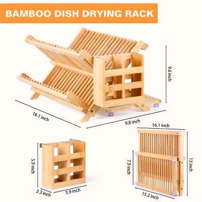 FURNIinspire Kitchen Racks 3 Tier Bamboo Dish Rack, Foldable Wood Dish Drying Rack Kitchen Organizer With Utensil Holder, Brown, 16.1"*9.8"*9.6" 3 FURNIinspire Kitchen Racks 3 Tier Bamboo Dish Rack, Foldable Wood Dish Drying Rack Kitchen Organizer With Utensil Holder, Brown, 16.1"*9.8"*9.6" - Image 2