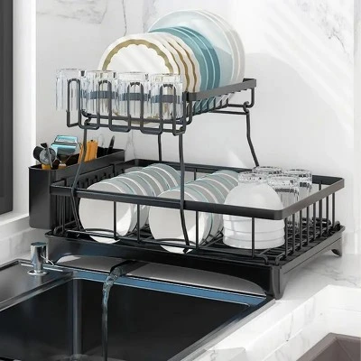 FURNIinspire Dish Racks 2-Tier Kitchen Holder Dish Drying Rack Detachable Drainer Organizer Utensil Cup Rack Swivel, Black, 17.36"*12.68"*4.29" 3 FURNIinspire Dish Racks 2-Tier Kitchen Holder Dish Drying Rack Detachable Drainer Organizer Utensil Cup Rack Swivel, Black, 17.36"*12.68"*4.29"