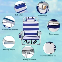 FURNIinspire Outdoor Portable Chair Adjustable Back With Storage For Relaxing Adventures, Blue Stripes, 24.8"*25.6"*32.28" -Outdoor Kitchen & Living GUEST ab2ec9ca 6b2c 45e9 ae7c 32eceb912526