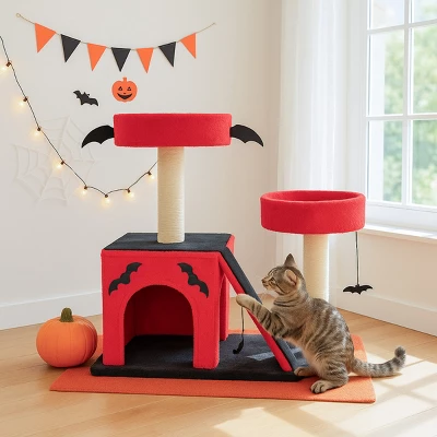 FURNIinspire Pet Tower Gothic Cat Tree Tower Halloween Pet Furniture Cute Cat Toys House With Condo, Scratching Posts, Red, 25.6"*17.7"*27.5" 7 FURNIinspire Pet Tower Gothic Cat Tree Tower Halloween Pet Furniture Cute Cat Toys House With Condo, Scratching Posts, Red, 25.6"*17.7"*27.5" - Image 5