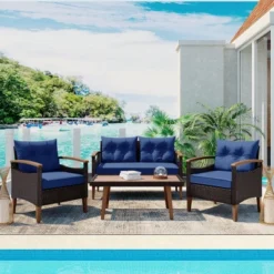 FURNIinspire Patio Seating Sets 4-Pieces Outdoor Wicker Seating Set, Conversation Sofa Set, Sofa Set And Wood Table, Brown And Blue, 46“*25”*28“ 11 FURNIinspire Patio Seating Sets 4-Pieces Outdoor Wicker Seating Set, Conversation Sofa Set, Sofa Set And Wood Table, Brown And Blue, 46“*25”*28“ -Outdoor Kitchen & Living GUEST ad1583e4 58ed 4b18 a66b 8946f410e908
