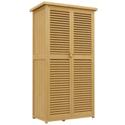 FURNIinspire Utility Storage Cabinet Wooden Outdoor Storage Cabinet Storage With Asphalt Roof 2 Wood Doors With Lock, Yellow, 38.40"*23.00"*13.40" -Outdoor Kitchen & Living GUEST b05e6862 395a 4368 864f e930d289125e