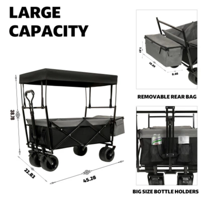 FURNIinspire Outdoor Serving Carts 480Lbs Collapsible Wagon With Canopy Lightweight Foldable Wagon With Mosquito Net, Black, 45.28"*22.83"*38.78" 4 FURNIinspire Outdoor Serving Carts 480Lbs Collapsible Wagon With Canopy Lightweight Foldable Wagon With Mosquito Net, Black, 45.28"*22.83"*38.78" - Image 2