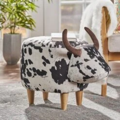 FURNIinspire Ottomans And Benches Cow Shaped Handcrafted Fabric Pouf With Natural Textures For Modern Living Indoor, White, 24.75"*14.25"*13.5"