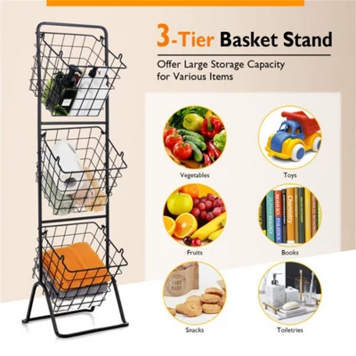FURNIinspire Kitchen Racks 3 Tier Fruit Basket Stand, Steel Food Storage Rack Removable Wire Bowls With Non-Slip Pads, Black, 11"*12"*42.5" 5 FURNIinspire Kitchen Racks 3 Tier Fruit Basket Stand, Steel Food Storage Rack Removable Wire Bowls With Non-Slip Pads, Black, 11"*12"*42.5" - Image 3