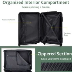 FURNIinspire Bag And Luggage Sets 20 Inch Luggage Set, Lightweight Checked Suitcase With 2 Mesh Bag Travel, Blackish Green, 8.3"*13.6"*21.5" -Outdoor Kitchen & Living GUEST bcf86ce6 5bb1 4110 9b7f e3cec788dbaa