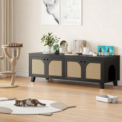 FURNIinspire Pet Crates And Houses Double Large Hidden Cat Litter Box Enclosure Furniture Cabinet With Rattan Doors, Black, 57.9"*19.7"*19.7" 4 FURNIinspire Pet Crates And Houses Double Large Hidden Cat Litter Box Enclosure Furniture Cabinet With Rattan Doors, Black, 57.9"*19.7"*19.7" - Image 2