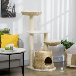 FURNIinspire Cat Tree Kitty Activity Center, Cat Climbing Toy With Cattail Fluff, Bed, Condo, Sisal Scratching Post, Natural, 19.8"*19.8"*46.8" -Outdoor Kitchen & Living GUEST c146339b acd6 4f56 a964 645dd6a38448