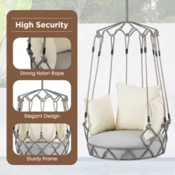 FURNIinspire Patio Swings Outdoor Porch Swing Chair Hanging Basket For Backyard, Garden, Hanging Chair With UV Resistant Cushion, Beige, 34"*32"*77" -Outdoor Kitchen & Living GUEST c51fd861 a7bb 4155 9469 6ddb0b84cf97
