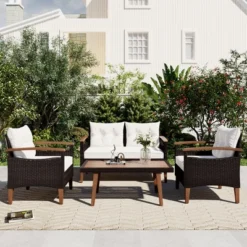 FURNIinspire Patio Seating Sets 4-Pieces Outdoor Wicker Seating Set, Conversation Sofa Set, Sofa Set And Wood Table, Brown And Beige, 46“*25”*28“ 11 FURNIinspire Patio Seating Sets 4-Pieces Outdoor Wicker Seating Set, Conversation Sofa Set, Sofa Set And Wood Table, Brown And Beige, 46“*25”*28“ -Outdoor Kitchen & Living GUEST c5283f7f 99a3 4087 9768 c9f174c66aa5
