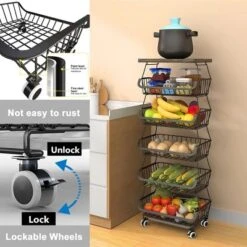 FURNIinspire Kitchen Rack Holder Metal Baskets With Wheels Stackable Storage Organizer For Dining Room Bathroom Fruit Cart, Black, 12.09"*7.02"*15.99" -Outdoor Kitchen & Living GUEST c8636320 480c 442c 8d02 daa3b29337f0