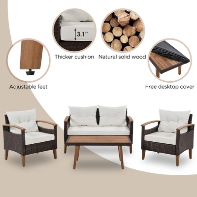 FURNIinspire Patio Seating Sets 4-Pieces Outdoor Wicker Seating Set, Conversation Sofa Set, Sofa Set And Wood Table, Brown And Beige, 46“*25”*28“ 6 FURNIinspire Patio Seating Sets 4-Pieces Outdoor Wicker Seating Set, Conversation Sofa Set, Sofa Set And Wood Table, Brown And Beige, 46“*25”*28“ - Image 4