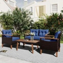 FURNIinspire Patio Seating Sets 4-Pieces Outdoor Wicker Seating Set, Conversation Sofa Set, Sofa Set And Wood Table, Brown And Blue, 46“*25”*28“
