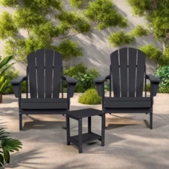FURNIinspire Patio Seating Sets Folding Adirondack Chairs With Side Table, 3-Piece Rocking Chairs Set With Wood Texture, Black, 30“*28”*35“